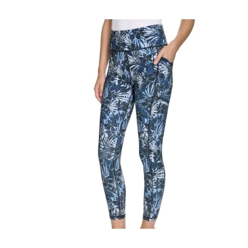 DKNY Sport Tropics Printed Yoga High Waisted Leggings, Blue, Women’s Medium